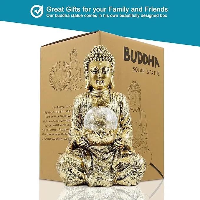 Nacome Meditating Buddha Statue with Solar Light,Zen Solar Garden Buddha with Cracked Glass Ball Sculpture-Indoor/Outdoor Decor for Balcony,Garden,Patio,Porch Yard Art Ornament,10.5 inch(Gold) by GreenHaven Gardens
