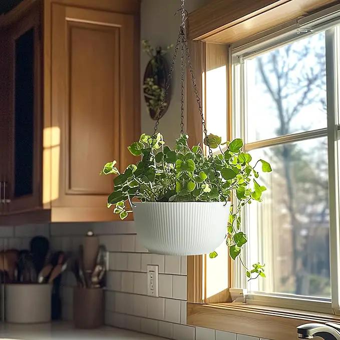 T4U 10 Inch Hanging Planters for Indoor Outdoor Plants, 2 Pack White Self Watering Hanging Plant Pot, Hanging Pots Set with Drainage Hole & Plug & Chain with 3 Hooks for Garden Home Decor by GreenHaven Gardens