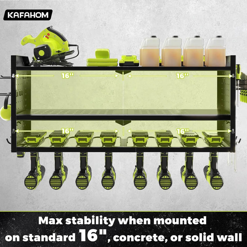 KAFAHOM Power Tool Organizer，Large 8 Drill Holder Wall Mount with 2 Side Pegboards,Metal Tool Shelf with 12 Hooks，Storage Rack for Garage Organization，Utility Cordless Drill Holder - Black by GreenHaven Gardens