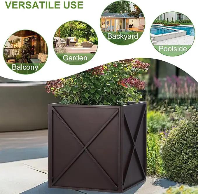 Metal Square Planter Box Tall Planters for Outdoor Plants Modern Heavy Duty with Drainage Holes for Outside Indoor Patio Deck - Brown, 17”x 17”x 18” by GreenHaven Gardens