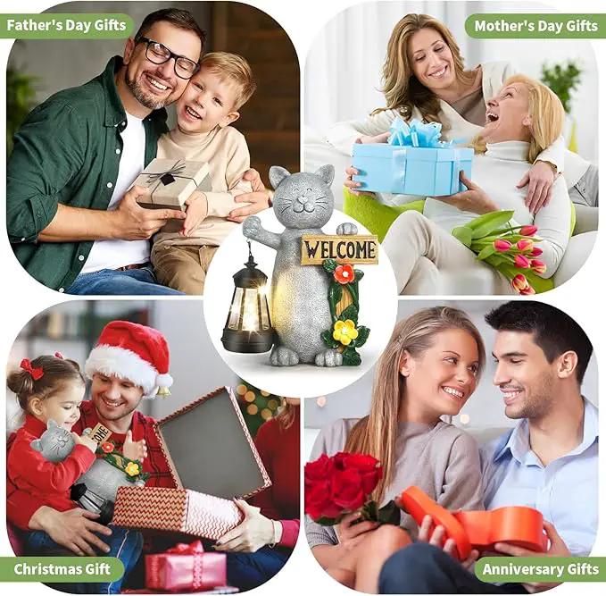 Json Garden Statue Solar Cat Figurine with Lantern, 10" Resin Kitten Outdoor Lawn Porch Yard Art, Lighted Christmas Birthday Gifts for Mom Grandma by GreenHaven Gardens