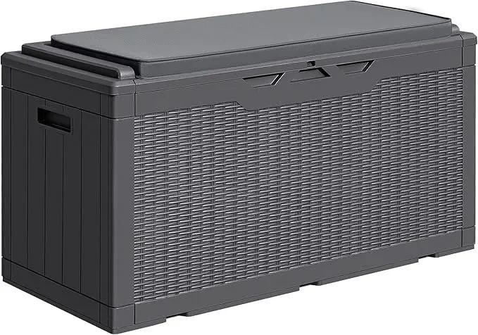 Greesum 100 Gallon Resin Deck Box Large Outdoor Storage with Cushions for Patio Furniture, Garden Tools, Pool Supplies, Weatherproof and UV Resistant, Lockable,Gray by GreenHaven Gardens