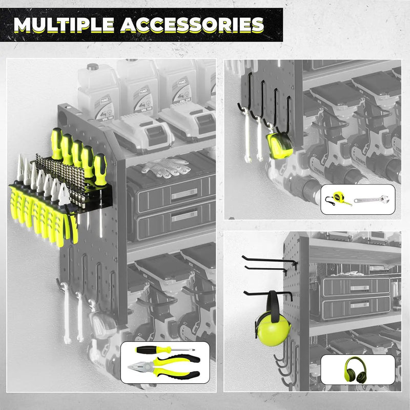 KAFAHOM Power Tool Organizer with Charging Station, Built in 8 Outlet Power Strip,Large 8 Drill Holder Wall Mount, Heavy Duty Metal Power Tool Storage Rack Tool Shelf for Garage Organization by GreenHaven Gardens