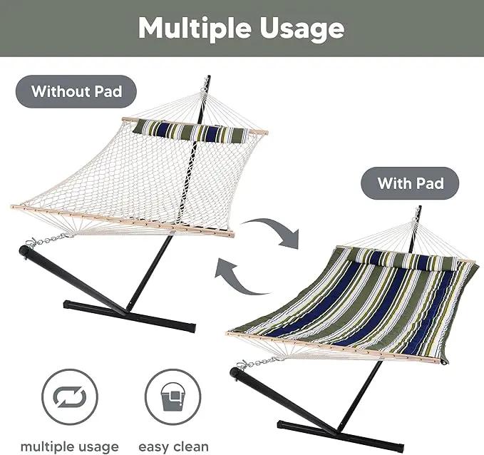 SUNCREAT Hammocks Double Outdoor Hammock with Stand, Cotton Rope Two Person Hammock with Polyester Pad & Large Pillow, Blue& Gray by GreenHaven Gardens