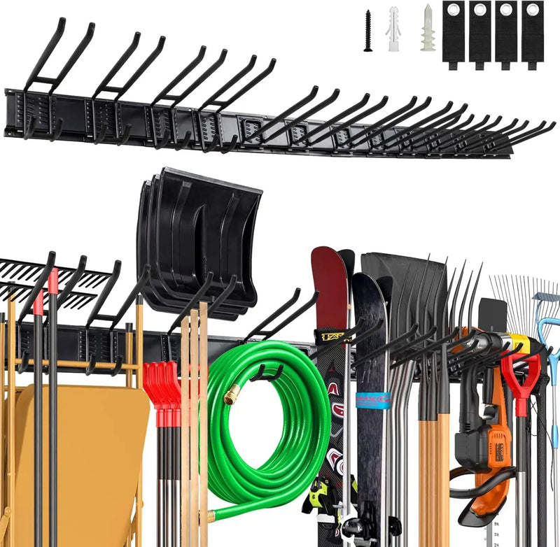 96 Inch Wall Mount Garden Tool Organizer, Garage Storage, Adjustable with 12 Heavy Duty Hooks and 4 Cable Ties, Max Load 960lbs, Black Iron, 96 x 1 x 4 Inches by GreenHaven Gardens