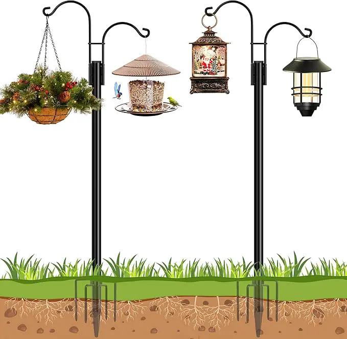 Ottsuls Bird Feeder Pole, 2 Pack 60 INCH Double Shepherds Hooks for Outdoor, Garden Pole with 5 Base Prongs Heavy Duty Planter Hooks for Hanging Plant Baskets, Lantern, Hummingbird Feeder by GreenHaven Gardens