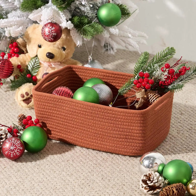 Small Storage Baskets for Organizing | Closet Organizer Bins | Shelf Toy Basket | Woven Rope Baskets | Cube Decorative Box | Shallow Basket | 13x8.5x5.1” | 4 Packs Oxide Red by GreenHaven Gardens