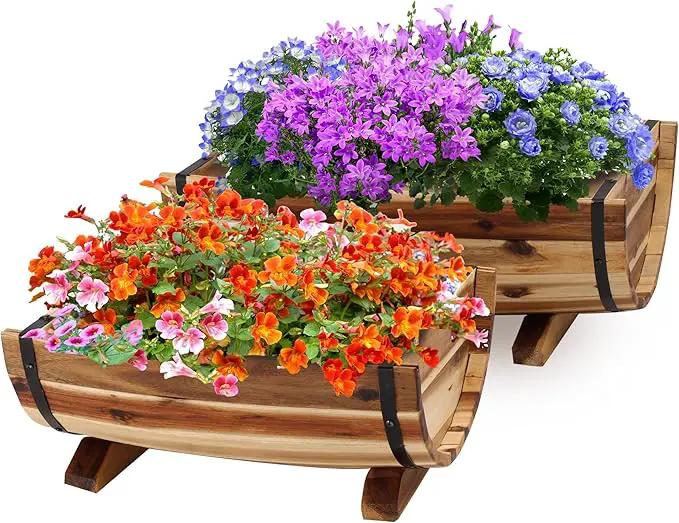 IDZO Solid Acacia Wood Half Barrel Planters Outdoor Set of 2 Different Sizes, Wooden Planters for Outdoor Plants with Metal Bands & Drainage Holes, Legs Included, Natural by GreenHaven Gardens