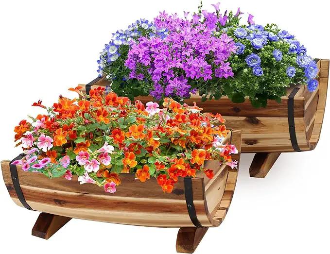 IDZO Solid Acacia Wood Half Barrel Planters Outdoor Set of 2 Different Sizes, Wooden Planters for Outdoor Plants with Metal Bands & Drainage Holes, Legs Included, Natural by GreenHaven Gardens