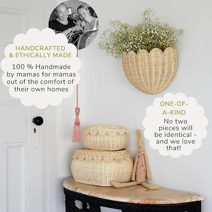 BEBE BASK Scalloped Wicker Wall Basket - The Original - Hand Woven Basket - Scalloped Décor Wall Hanging Baskets -16" x 10" x 7"In - Hanging Wall Basket (Natural) by GreenHaven Gardens