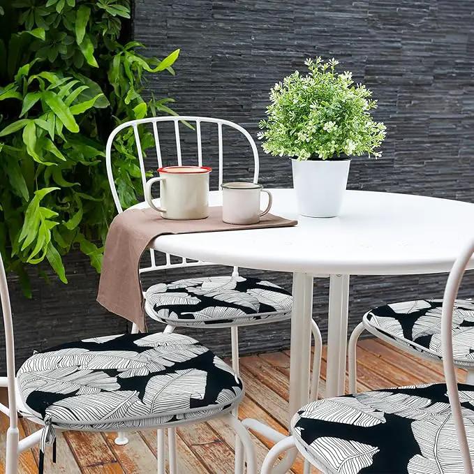 Indoor/Outdoor Chair Cushions 16x17 Inch, Patio Chair Cushions with Ties, All Weather Seat Cushions for Patio Furniture Home Garden Chair Use, Set of 4, Black Lush Leaves by GreenHaven Gardens