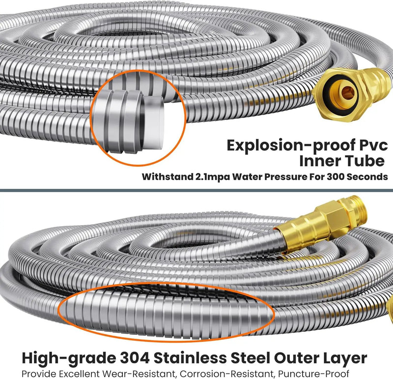 Girafe Tools Garden Hose 25ft x 5/8", 304 Stainless Steel Metal Water Hose, No Kink Garden Water Hose with 9 Pattern Spray Nozzle, Flexible, Lightweight, Kink Free Hose for Yard, Outdoor by GreenHaven Gardens