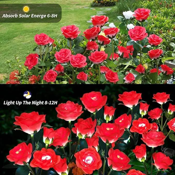 Solar Garden Lights, Solar Outdoor Lights with More Realistic 10 Rose Waterproof Solar Powered Flowers for Outside Patio Yard Pathway Decorations, 2 Pack Red by GreenHaven Gardens