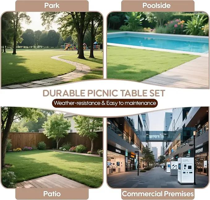 4FT Outdoor Picnic Table and Bench Set with 2" Umbrella Hole, WPC Tabletop Seattop Patio Dining Set for 4 People, Outdoor Dining Table and Chair for Park Garden Yard Patio- Brown by GreenHaven Gardens
