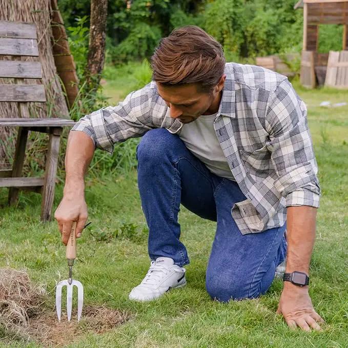 Berry&Bird Gardening Hand Fork, Stainless Steel Hand Weed Fork, Traditional Garden Hand Fork Tool with Ergonomic Ash Wood Handle for Weeding, Digging, Planting and Cultivating by GreenHaven Gardens