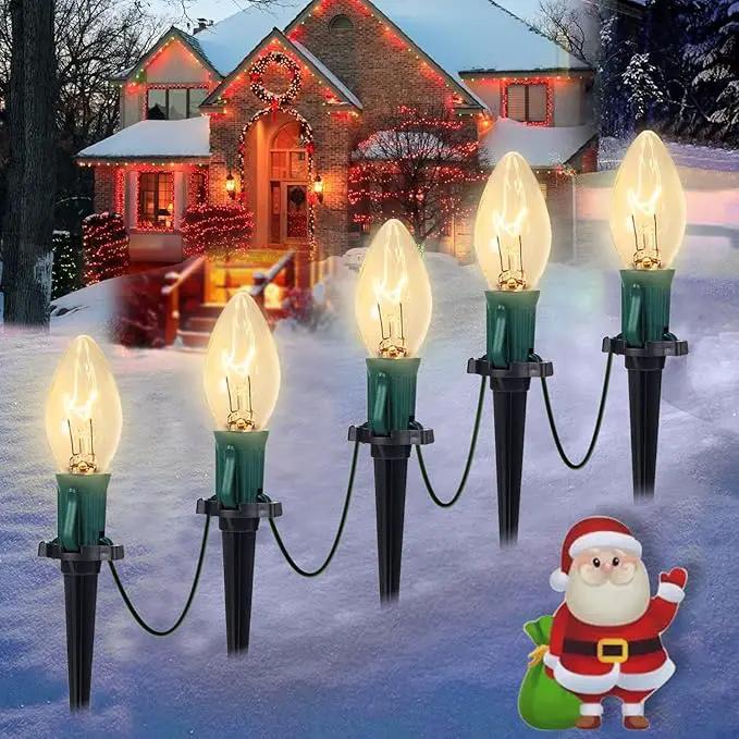 C9 Christmas Pathway Lights, 38FT Clear Christmas Pathway String Lights with 25 Incandescent Bulbs and Stakes for Outdoor Walkway Driveway Backyard Christmas Decorations, Warm White by GreenHaven Gardens