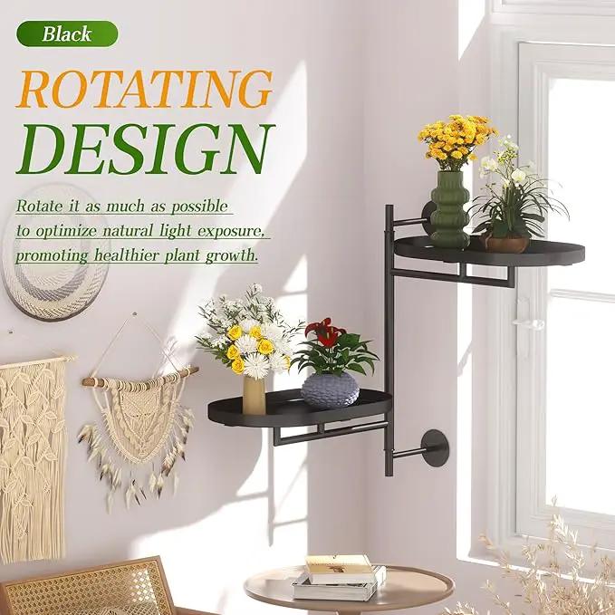 WIndow Rotating Plant Stand Shelf Indoor Black Metal Floating Shelves 2-Tier Wall Mount Plant Holders for Living Room Wall Planter Modern Home Decor for Gardening by GreenHaven Gardens
