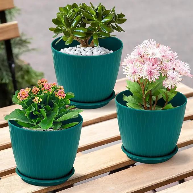 Plant Pots – 6 Inch Planters with Drainage Holes and Saucers, Flower Pots for Indoor and Outdoor Plants, Nursery Planting Pots (Pack of 5, Teal) by GreenHaven Gardens