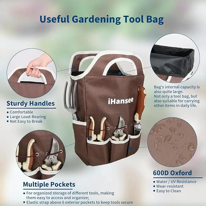 Brown Gardening Tools Set 12-Piece, Garden Hand Tool Kit with Non-Slip Ergonomic Handle, Storage Tote Bag, Garden Apron, Gloves and Kneeling Pad, Gardening Gifts for Women Men Plant Lover by GreenHaven Gardens