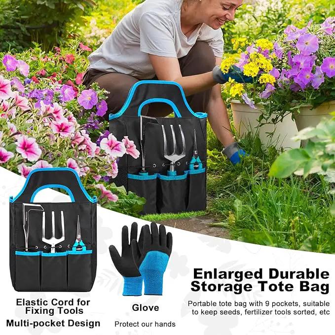Garden Tool Set with Non Slip Rubber Grip,11 Piece Stainless Steel Gardening Tool Sets,Thickened Repotting Mat & Storage Tote Bag,Heavy Duty Outdoor Hand Tools Uprooting Weeding Tool, Ideal Gifts Blue by GreenHaven Gardens