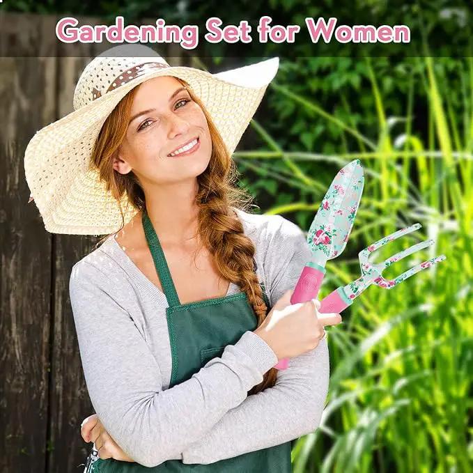 Gardening Tools, 8 Pcs Heavy Duty Floral Garden Tool Set Birthday Gifts for Women WANCHI Rose Red Gardening Kit (Garden Tool Bag Kneeling Pad Weeder Fork Hand Rake Pruning Shears Trowel Transplanter) by GreenHaven Gardens
