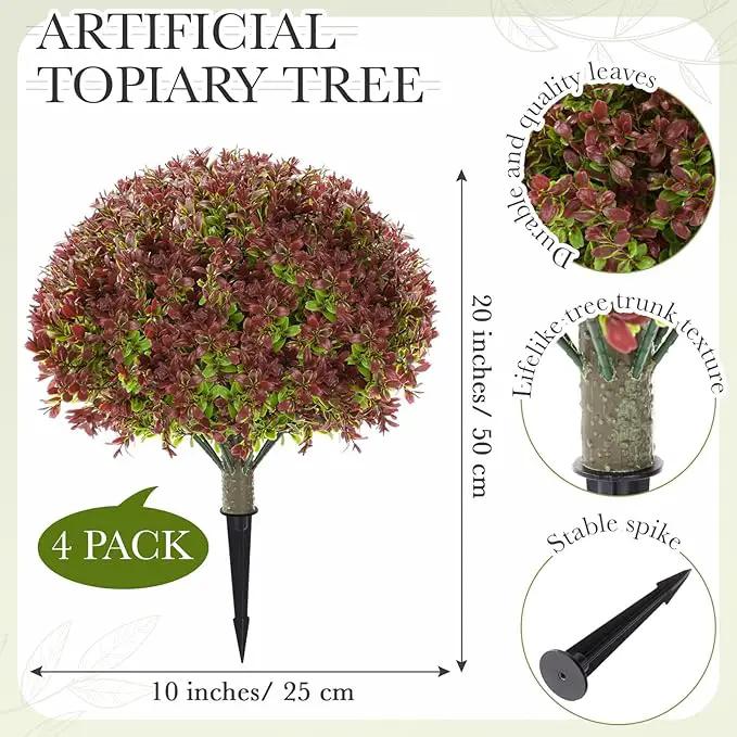 Yunlly 4 Pack 18" Artificial Boxwood Ball Bush Topiary Trees Fake Outdoor Plants, Realistic UV Resistance Faux Shrubs with Spike Greenery Topiary for Front Porch Garden Yard Patio Indoor (Dark Red) by GreenHaven Gardens