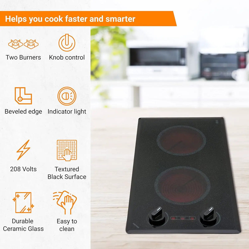Kenyon Mediterranean 2-Burner Small Cooktop, Electric Cooktop for Energy-Efficient Cooking, Knob Control, Portrait Cooktop, 208-Volt, Black by GreenHaven Gardens