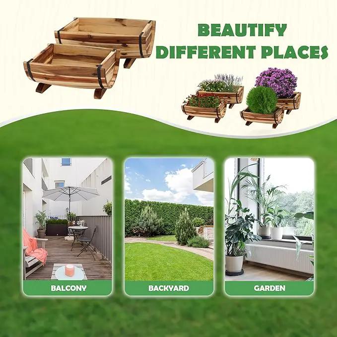 IDZO Solid Acacia Wood Half Barrel Planters Outdoor Set of 2 Different Sizes, Wooden Planters for Outdoor Plants with Metal Bands & Drainage Holes, Legs Included, Natural by GreenHaven Gardens