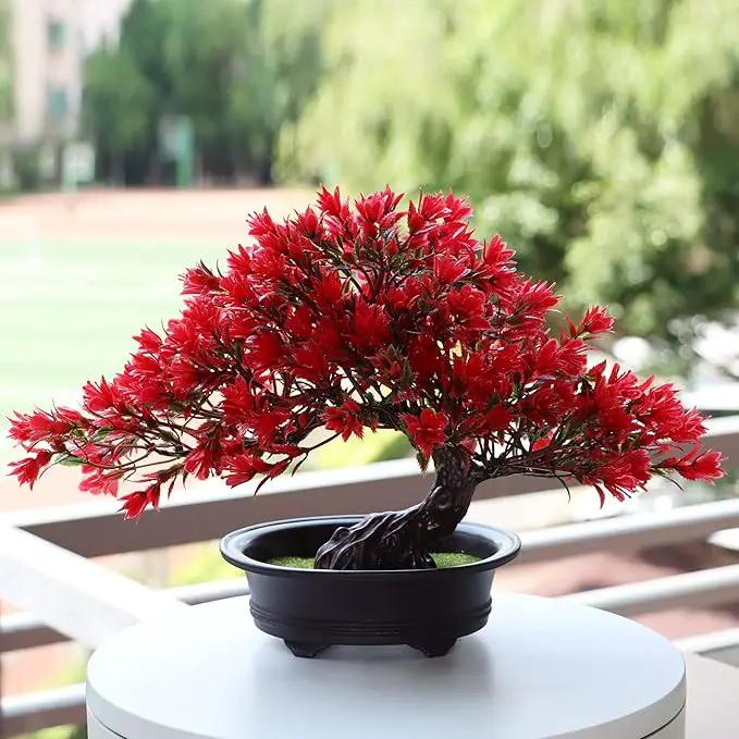 Fake Plants Plastic Artificial Bonsai Tree, Red Bonsai Tree for Home Bedroom Office Desk Farmhouse Room Decor, Tall 9.5" by GreenHaven Gardens