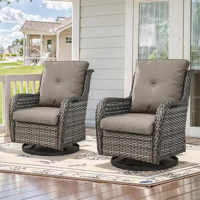 Outdoor Swivel Rcoker Patio Chairs - Outdoor Swivel Patio Chairs Set of 2 Wicker Chair Patio Furniture Sets with Covered Cushion for Porch Deck Balcony Garden, Gray by GreenHaven Gardens