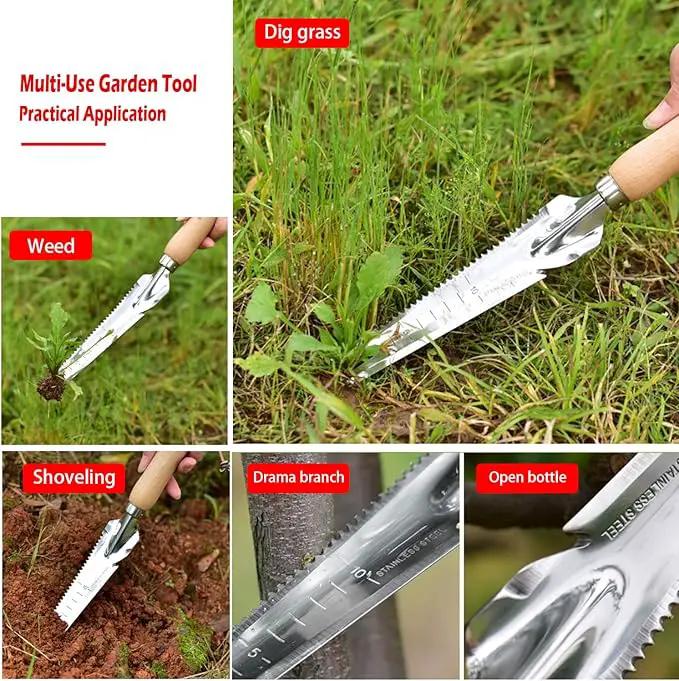 SOMOLUX Multifunctional Garden Tool Stainless Steel Shovel Hand Weeder with Wood Handle Soil Knife Tool for Planting Weeding Digging Transplanting Cutting Measuring by GreenHaven Gardens