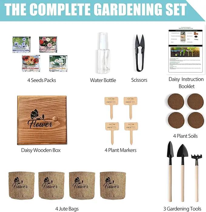 Indoor Daisy Garden Starter Kit, 4 Flower Seeds Growing into Shasta Daisy, Cornflower, Sunflower, Zinnia, Including Complete Gardening Tools, Christmas Gifts for Women Men & Beginners by GreenHaven Gardens