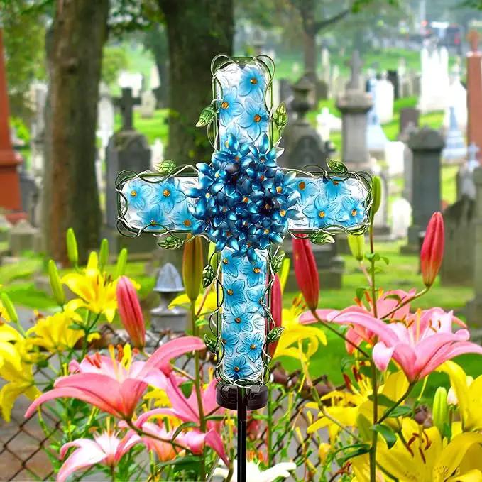 Solar Cross Garden Lights Outdoor Decorative - Solar Metal&Glass Cross Blue Hydrangea Flower Stake Lights- Waterproof 20 Warm White LED for Remembrance Gifts by GreenHaven Gardens