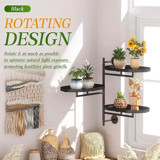 WIndow Sill Rotating Plant Stand Shelf Indoor Black Metal Floating Shelves 3-Tier Wall Mount Plant Holders for Living Room Wall Planter Modern Home Decor for Gardening by GreenHaven Gardens