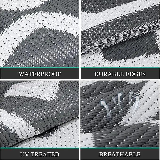 Pauwer Waterproof Outdoor Rug 8x10, Reversible Plastic Straw Patio Camping Rug, Indoor Outdoor RV Mat Carpet for Deck, Camper, Porch, Balcony, Backyard, Picnic, Geometric Grey by GreenHaven Gardens