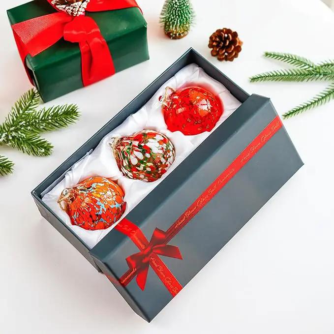 Set of 3 Blown Glass Christmas Ornament Balls for Christmas Tree Decor Glass Gazing Balls for Garden Patio Decor Glass Hanging Xmas Ornament Balls Gifted Box by GreenHaven Gardens