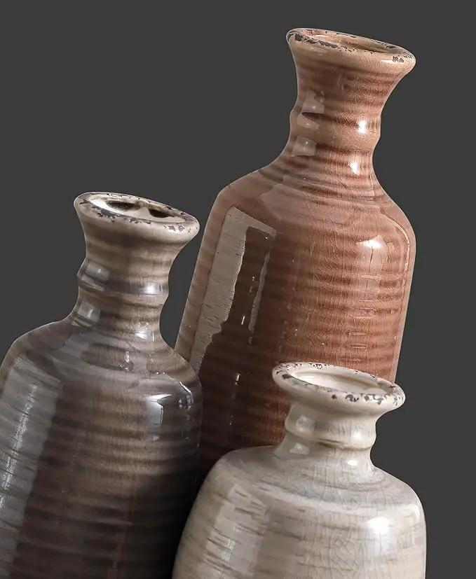 Ceramic Vases Set of 3, Neutral Rustic Farmhouse Vases Home Decor Decorative Flower Vase Modern Boho Pampass Vase for Table Mantel Entryway Shelf Living Room Kitchen Bathroom - Brown by GreenHaven Gardens