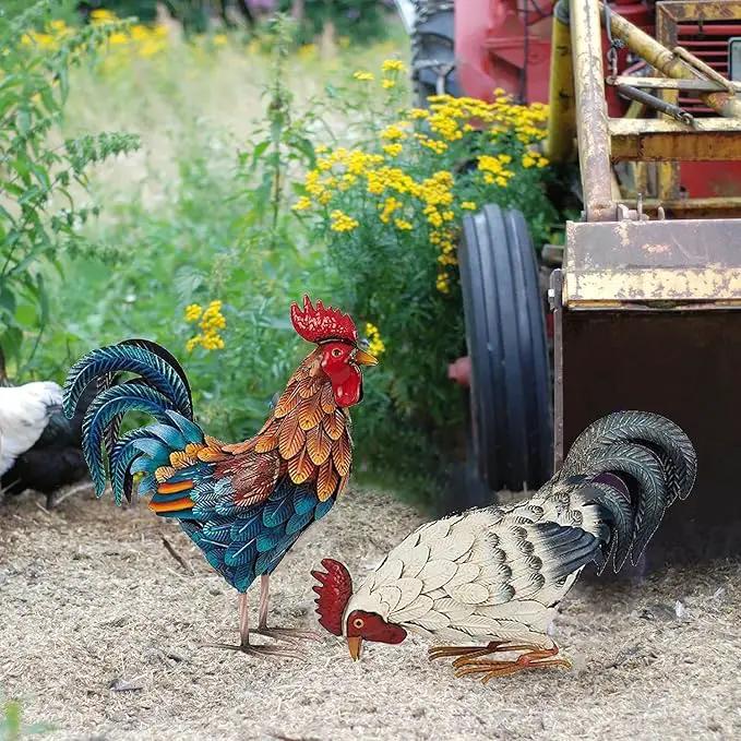Shorayn Metal Rooster Statues, Outdoor Garden Statues, Metal Chicken Decor, Garden Sculptures & Statues, Chicken Ornaments Yard Art for Backyard Patio Lawn Decorations, Set of 2 by GreenHaven Gardens