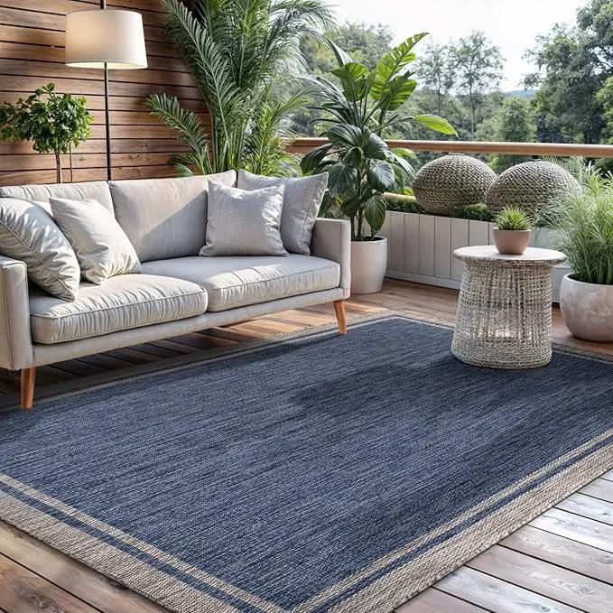 CAMILSON Outdoor Rug, 5x7 Bordered Navy Blue Gray Modern Area Rugs for Indoor and Outdoor Patios, Porches Waterproof Washable Porch Deck Outside Carpet (Bordered Navy, 5 x 7) by GreenHaven Gardens