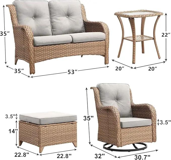 Outdoor Wicker Patio Furniture Set - 6 Piece Rattan Patio Conversation Set with 2 Rocking Swivel Chairs,2 Ottomans,1 Loveseat and 1 Side Table for Porch Deck Backyard Garden(Yellow/Beige) by GreenHaven Gardens