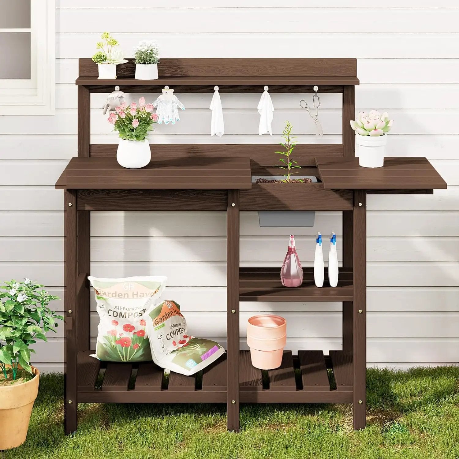 SERWALL Potting Bench Outdoor Potting Table with Sink, HDPE Potting Benches for Outside Gardening Table All Weather Use- Coffee by GreenHaven Gardens