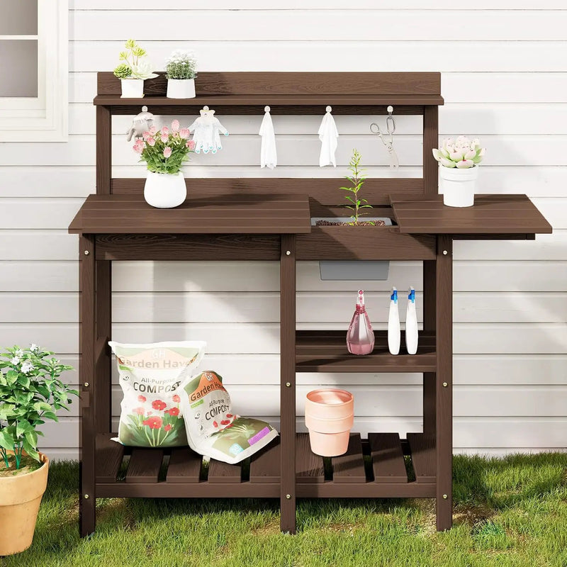 SERWALL Potting Bench Outdoor Potting Table with Sink, HDPE Potting Benches for Outside Gardening Table All Weather Use- Coffee by GreenHaven Gardens