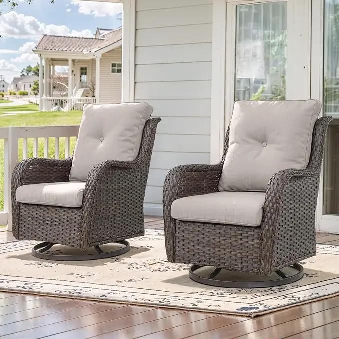 Outdoor Swivel Rcoker Patio Chairs - Outdoor Swivel Patio Chairs Set of 2 Wicker Chair Patio Furniture Sets with Covered Cushion for Porch Deck Balcony Garden, Beige by GreenHaven Gardens