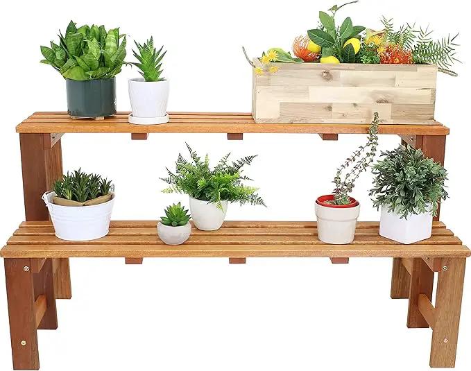 Sunnydaze 2-Tier Meranti Outdoor Wood Plant Stand - Indoor Plant Bench with Teak Oil Finish - 24-Inch by GreenHaven Gardens