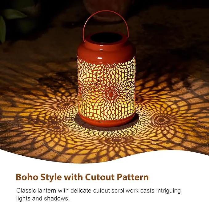 Glitzhome Solar Lantern Orange Metal Cutout Scrollwork Outdoor Hanging Solar Light with Handle for Garden Patio Yard Outdoor Decor by GreenHaven Gardens