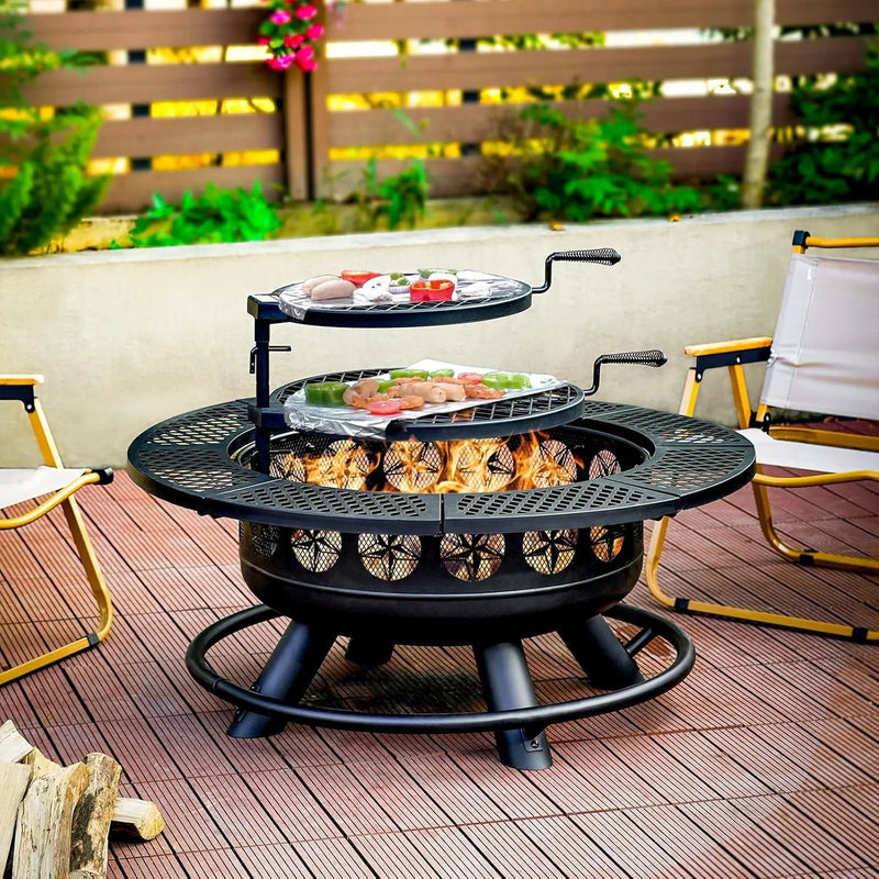 36 Inch Fire Pit with 2 Cooking Grills,Outdoor Wood Burning BBQ Firepit with Lid, 3-in-1 Outdoor Fire Pit for Backyard Deck Bonfire Patio Picnic(Black) by GreenHaven Gardens
