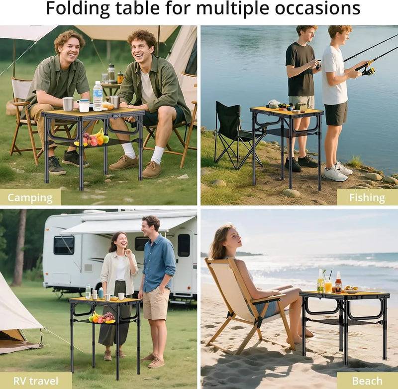 2ft Camping Table Foldable with Storage Net, 3 Adjustable Heights Aluminum Small Folding Table, Lightweight, Portable Handle, for Travel Outdoor Beach Camping Picnic, 23.2" x 16", Yellow by GreenHaven Gardens
