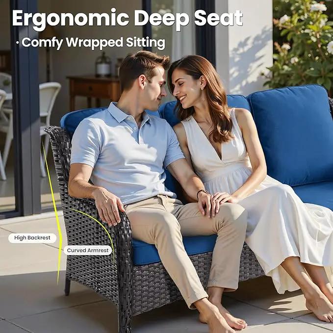 ovios 6 Pieces Patio Furniture Set with 42" Fire Pit Table, Outdoor Wicker Sofa with Ottomans, Comfy Cushions, High Back Couch Conversation Set, Brown Rattan, Navy Blue by GreenHaven Gardens