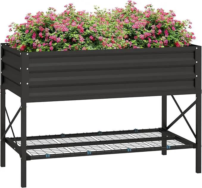 Outsunny Raised Garden Bed with Galvanized Steel Frame, Storage Shelf and Bed Liner, Elevated Planter Box with Legs for Vegetables, Flowers, Herbs, Black by GreenHaven Gardens