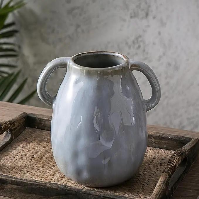 Kimdio Ceramic Vase with 2 Handles, Modern Farmhouse Grey Vase for Home Decor, Rustic Pottery Vase, Boho Decorative Terracotta for Flowers, Clay Pampas Grass Vases for Living Room Dining Table Shelves by GreenHaven Gardens